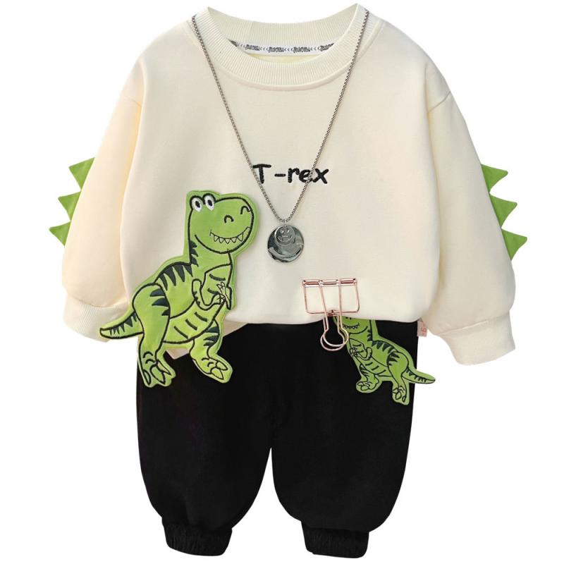 キッズ ボーイズ 秋物 長袖 スウェット 上下セット 幼児 子供服 小恐竜 コットン 春秋 かわいい 普段着 部屋着 グレー ブラック アイボリー