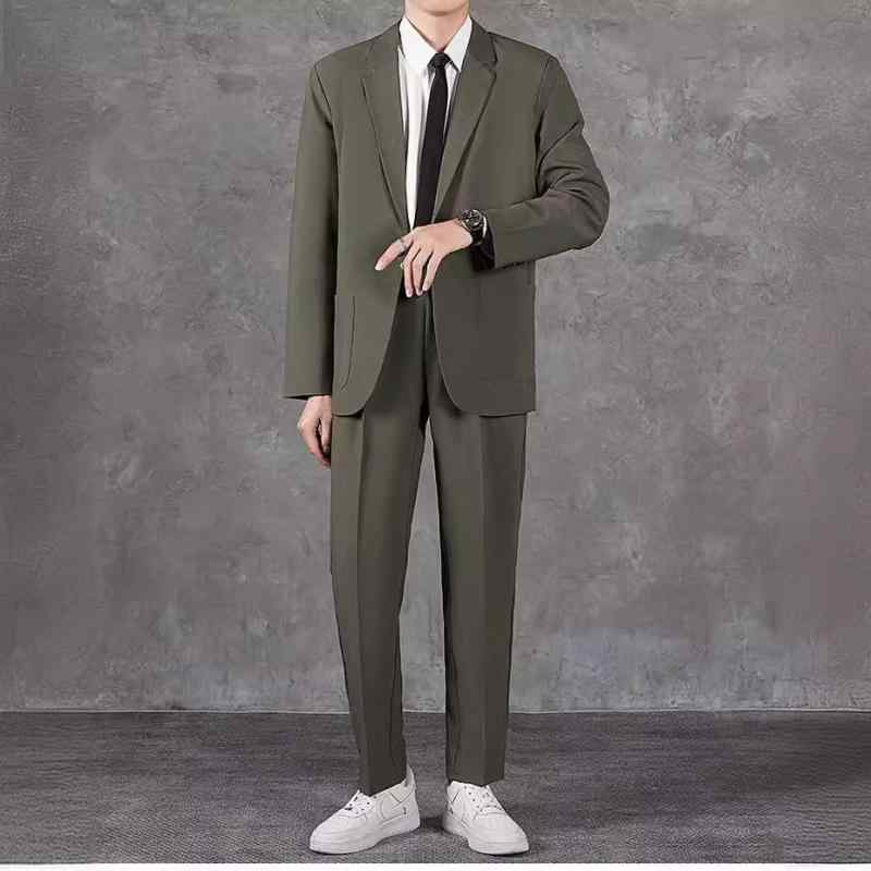 スーツ メンズ 男性用 セットアップ 綿 混紡 ビジネス カジュアル 韓国風 2ピーススーツ ジャケット パンツ カーキ ブラック グレー 春秋冬