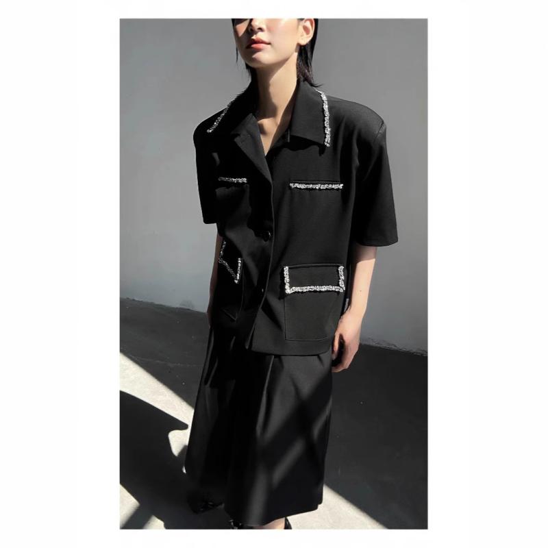 ジャケット メンズ 男性用 サマージャケット 半袖 テーラードジャケット スリムフィット 配色 ポリエステル 韓国風 カジュアル 黒 S M L XL 2XL