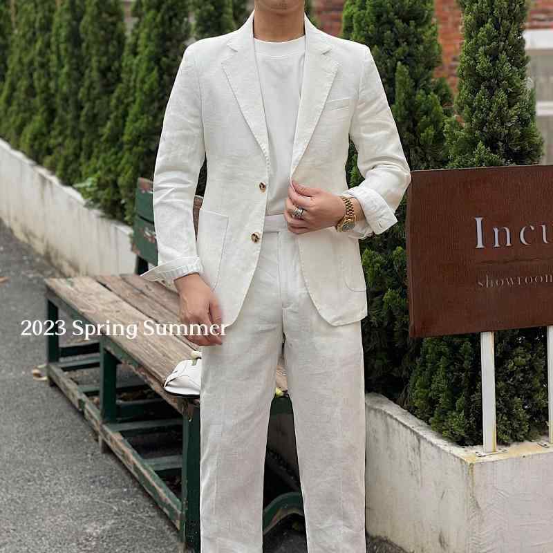 メンズ 麻 リネン セットアップ スーツ ジャケット 男性用 テーラード スリムフィット 紺色 白 オフホワイト