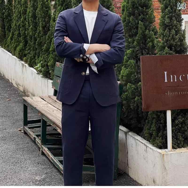 メンズ 麻 リネン セットアップ スーツ ジャケット 男性用 テーラード スリムフィット 紺色 白 オフホワイト