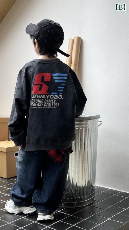 子供服 長袖トレーナー 肩パッチ付き レトロ 炒め色 ゆるシルエット 男の子 女の子 カジュアル かわい..