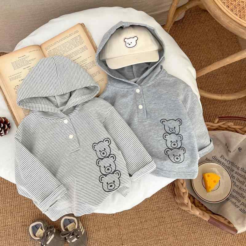 子供服 スウェットシャツ 男の子 春秋 トップス ストライプ パーカー 幼児 ベビー服 かわいい クマ柄 ..