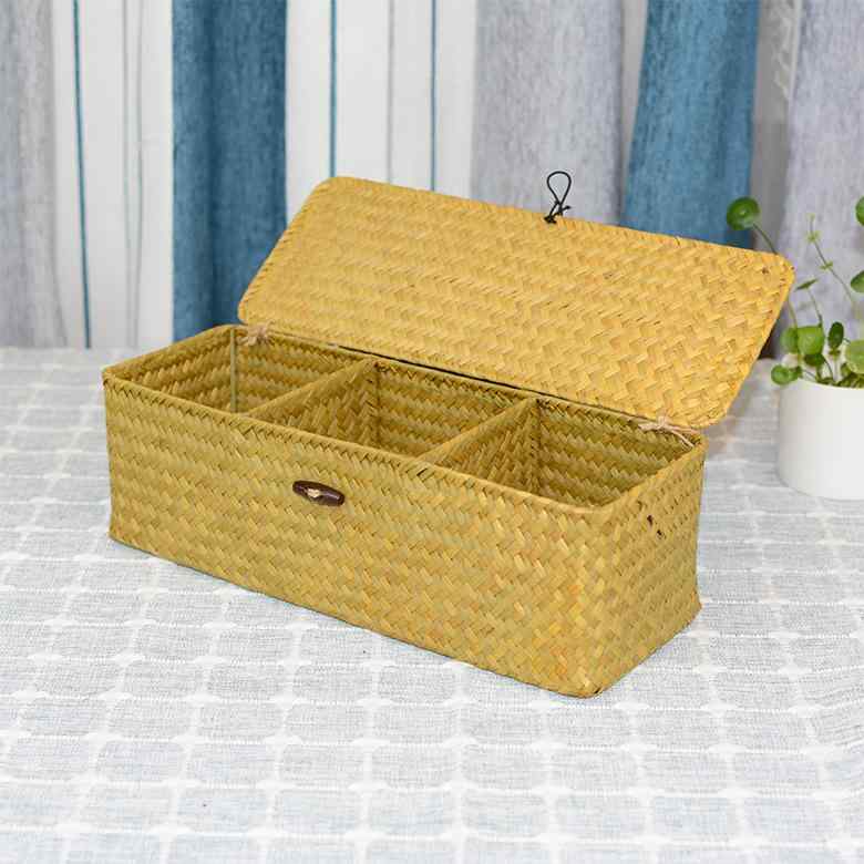 収納ケース レディース 海草編み フタ付き 整理箱 卓上 小物入れ 水草 32×12×10cm