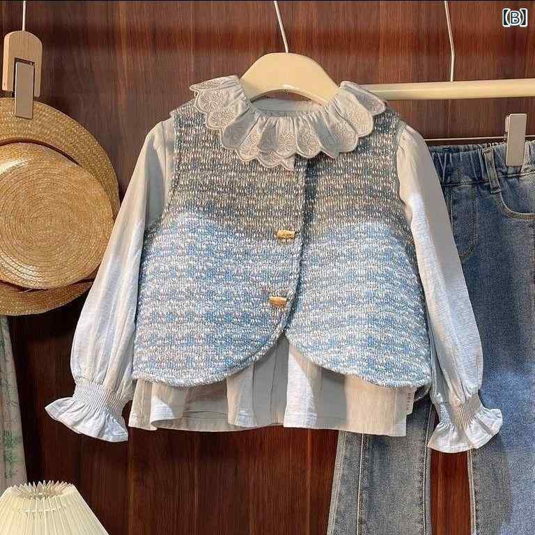 子供服 女の子 小香風 セットアップ 春物 子供 ガールズ ベスト シャツ デニムパン...