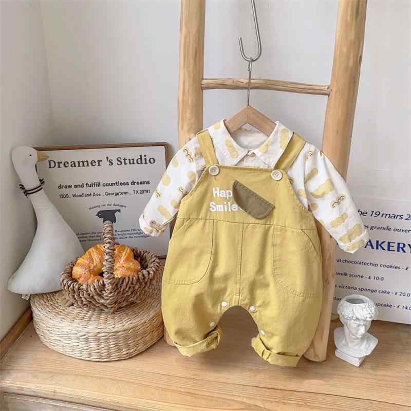 ベビー 上下セット 男児 2点セット 背当て付きパンツ 長袖シャツ 春秋 幼児 男の子 韓国風 かわいい コットン100% イエロー 73CM 80cm 90cm 100cm