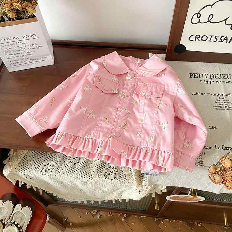 キッズ ジャケット 女の子 子供服 アウター 春秋 かわいい 小熊柄 シャツ デザイン 襟付き ポリエステ..