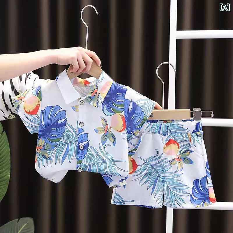 子供用半袖シャツセットアップ 薄手 夏服 男の子 花柄シャツ ショートパンツ 2点セ...