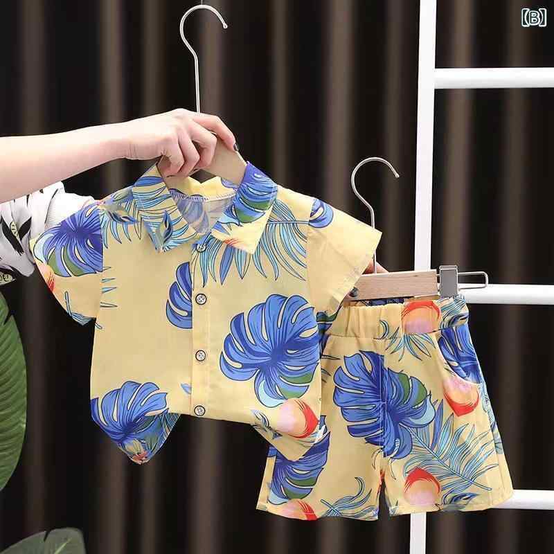 子供用半袖シャツセットアップ 薄手 夏服 男の子 花柄シャツ ショートパンツ 2点セ...