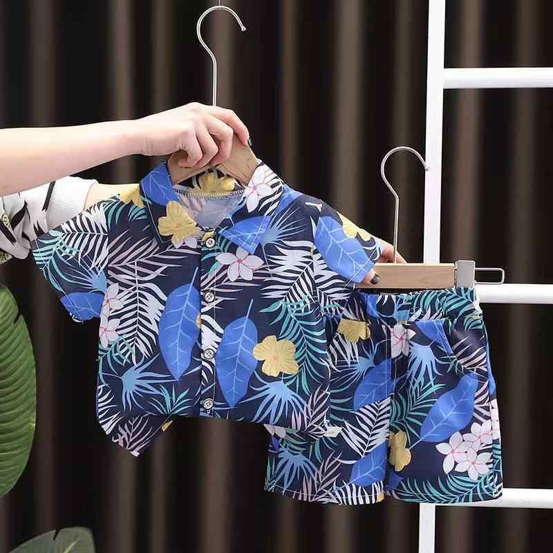 子供用半袖シャツセットアップ 薄手 夏服 男の子 花柄シャツ ショートパンツ 2点セ...