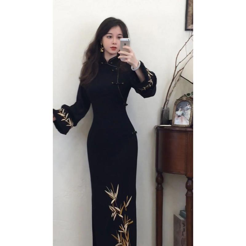 チャイナドレス レディース 秋冬 新中式 レトロ ブラック ワンピース 膝丈ワンピース 中華風 モード系 黒 長袖ワンピース
