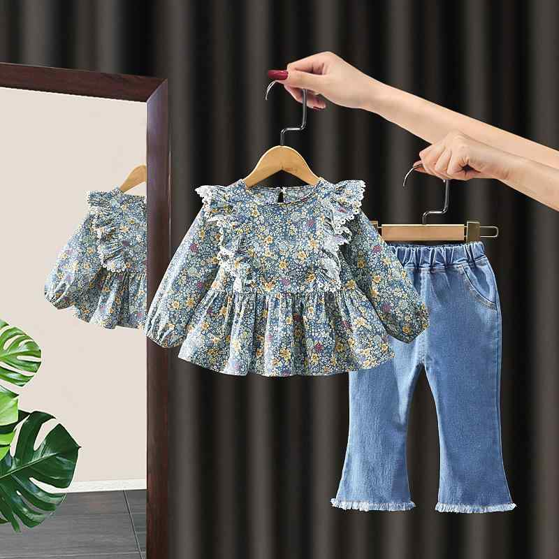 キッズ セットアップ 長袖トップス デニムパンツ 2点セット 春秋 幼児 女の子 花柄...