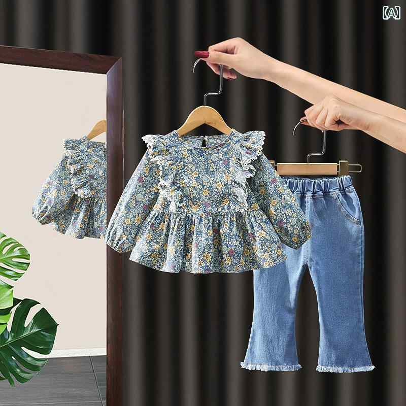 キッズ セットアップ 長袖トップス デニムパンツ 2点セット 春秋 幼児 女の子 花柄...