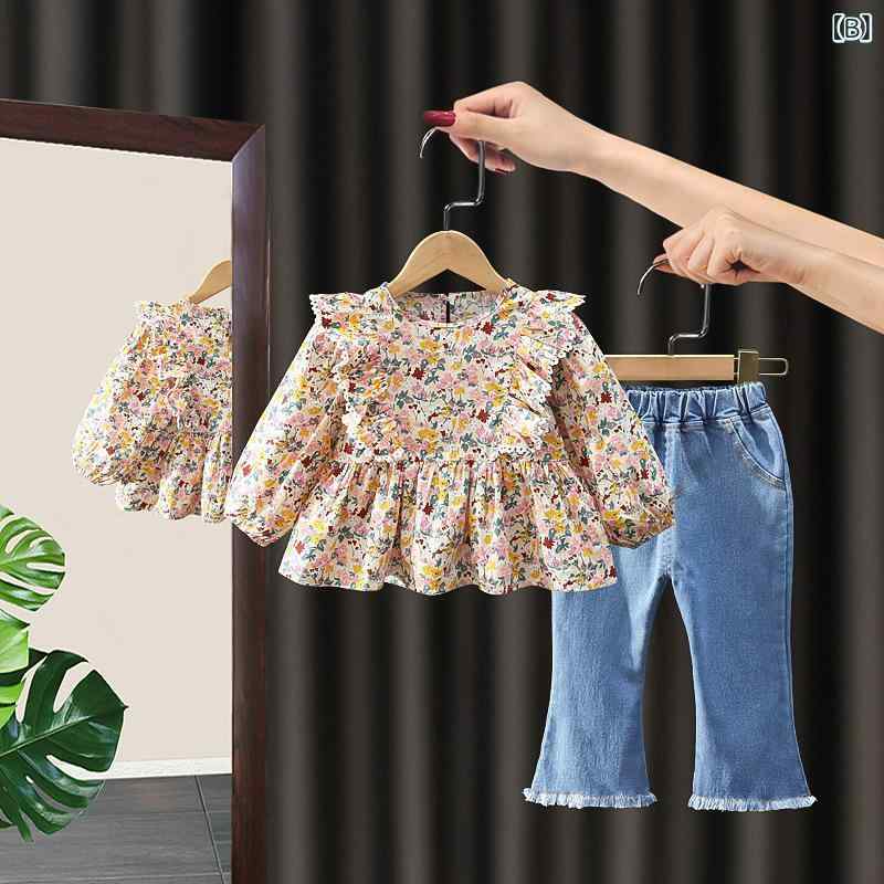 キッズ セットアップ 長袖トップス デニムパンツ 2点セット 春秋 幼児 女の子 花柄...