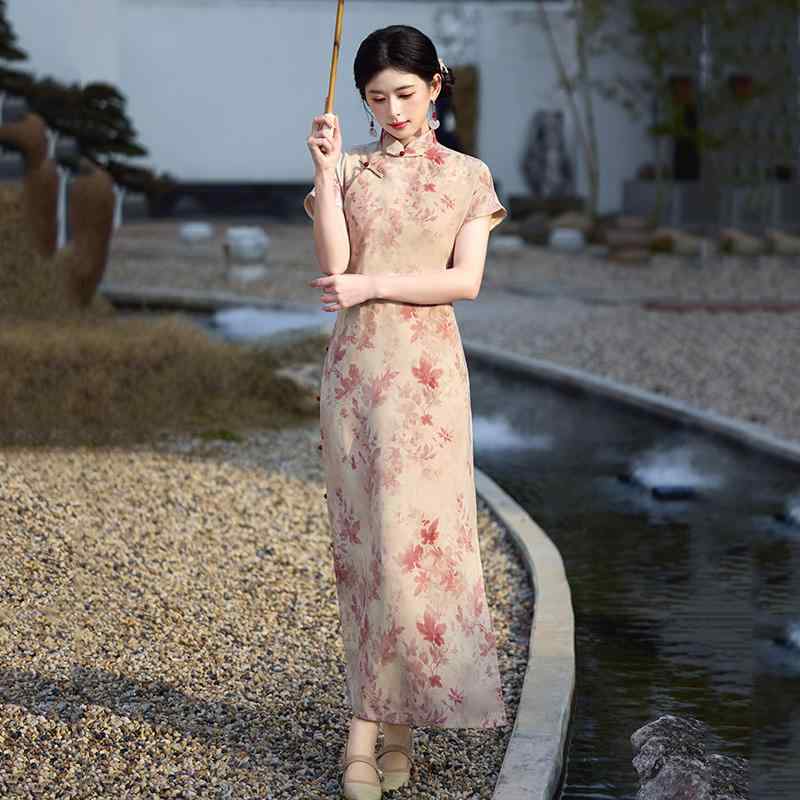 チャイナドレス レディース ミモレ丈ワンピース 新中式 レトロ 立襟 半袖 ポリエステル ピンク系 天丝麻 リネン パーティー イベント コスプレ(4.0)