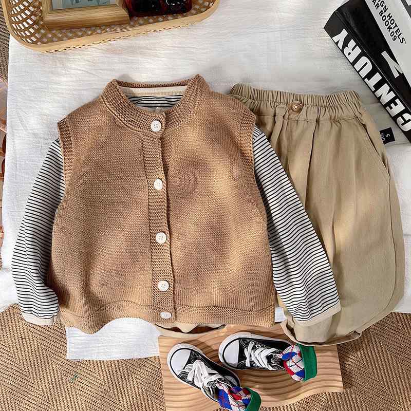 子供服 3点セット ニットカーディガン 長袖Tシャツ 長ズボン 春秋 ベビー 幼児 ボーイズ ガールズ 綿100％ ストライプ柄 カジュアル かわいい 普段着