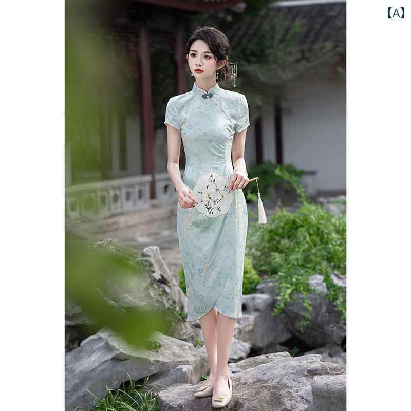 チャイナドレス レディース レトロ風 ポリエステル グリーン 立襟 半袖 ロング丈 S M L XL XXL XXXL XXXXL