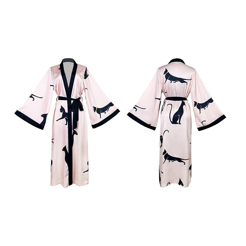 バスローブ レディース 女性用 ロング丈 浴衣 寝巻き サテン風 プリント柄 長袖 Vネック 薄手 涼しい 快適 春夏 秋冬 部屋着 リラックス 白ヒョウ柄 ピンクヒョウ柄