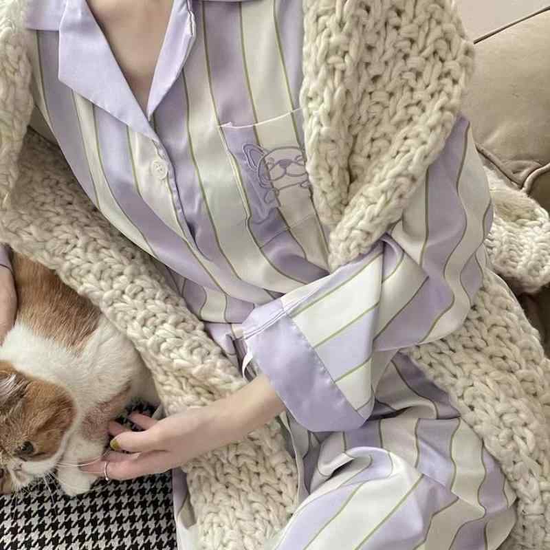 パジャマ レディース 秋冬 長袖 長ズボン 上下セット 接触冷感 Vネック ストライプ ルームウェア 部屋..