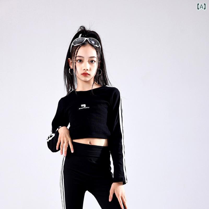 ダンス衣装 ガールズ ジャズダンス セットアップ 長袖トップス ラッパズボン ヨガパンツ レッスン着 練習着 ブラック 無地 ストレッチ 伸縮性