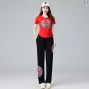 ダンスウェア レディース 運動着 上下セット 綿 練習着 レッスン着 大 लाल色 赤色 黒色 白色 短袖パンツ M L X...