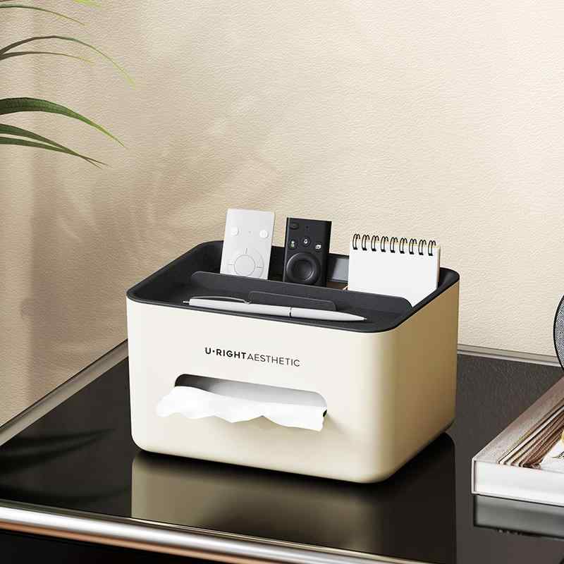 ティッシュボックス 卓上収納ケース リモコンラック 多機能 ナプキンホルダー プラスチック製 হালকা বিলাসবহুল クリームホワイト
