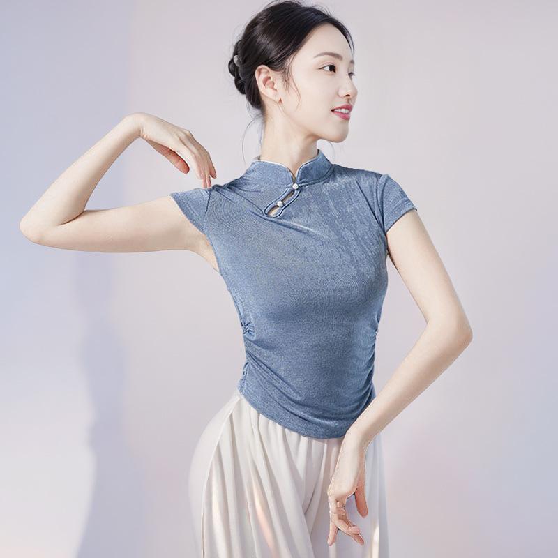 トップス レディース チャイナドレス 半袖 練習着 レッスン着 中国舞踊 バレエ 接触冷感 吸湿速乾 ポリエステル 無地 グレー ブルー ピンク ベージュ カーキ ブラック S M L XL