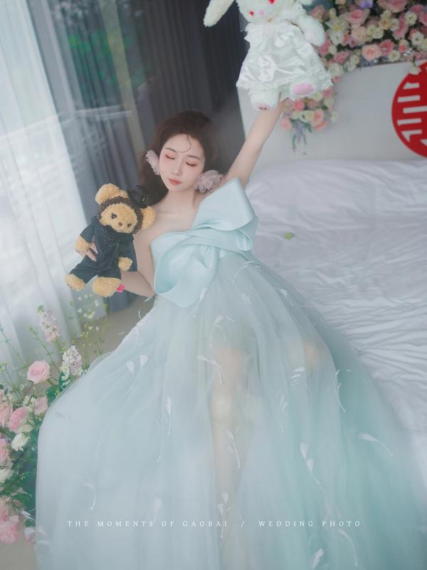 Other - ワンピース レディース 結婚式 礼服 婚纱 晚装 ロングドレス 抹胸 Aライン プリーツ 浅藍色 ポリエステル 無袖 パーティードレス