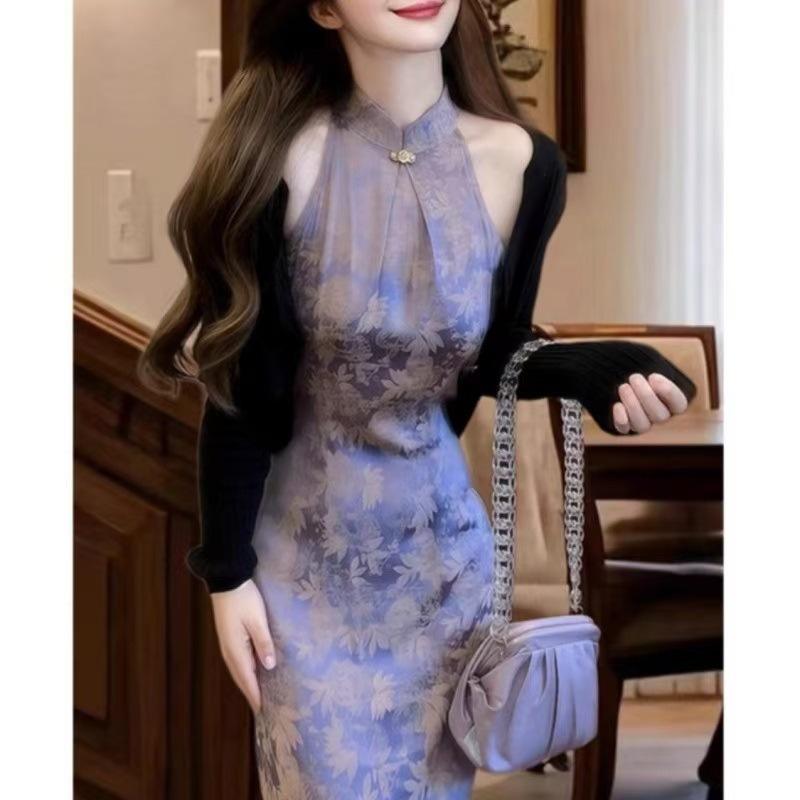 Nightwear - チャイナドレス レディース 2025春夏新作 パープル 紫色 プリント柄 ポリエステル混紡 旗袍 ロングワンピース ミモレ丈ワンピース 個性派 おしゃれ着 お呼ばれ お出かけ フェミニン レトロ モード エレガント スタイル