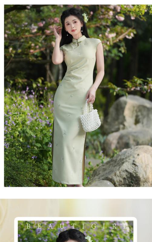 ワンピース レディース チャイナドレス 黄緑色 改良型 アラサー アラフォー 半袖 ハーフハイネック 春夏 エレガント スリム ロングワンピース