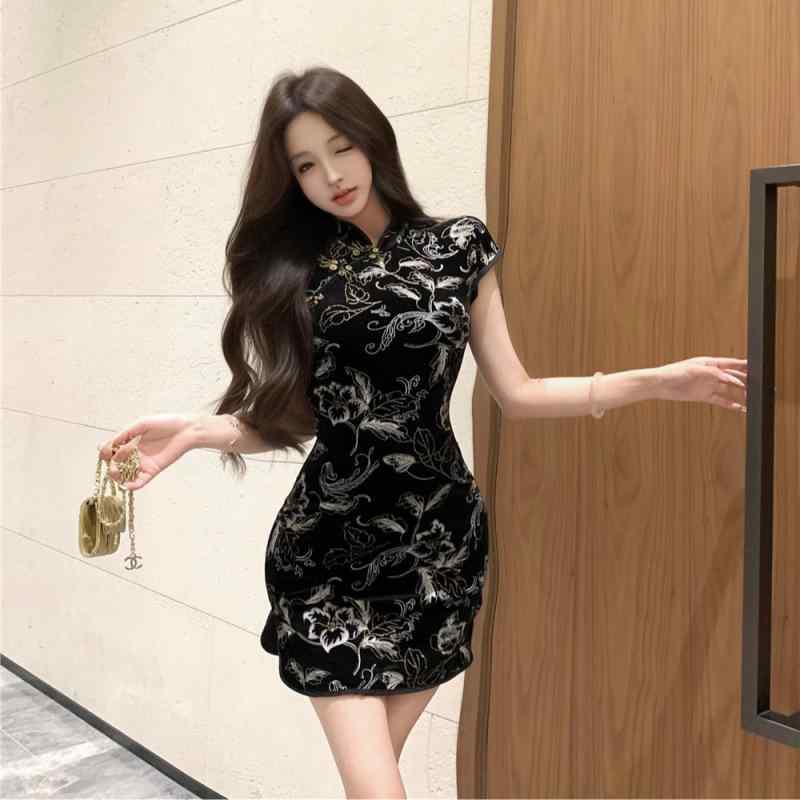 チャイナドレス レディース 新中式 国風 サイドスリット ゴールドプリント ミニワンピース ポリエステル 高襟 半袖 マカロンカラー パーティードレス キャバドレス ナイトドレス