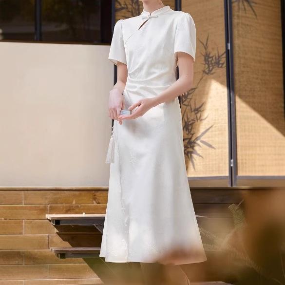 ワンピース レディース チャイナドレス風 ミモレ丈 ポリエステル 通勤着 リラックス かわいい 米白 提花