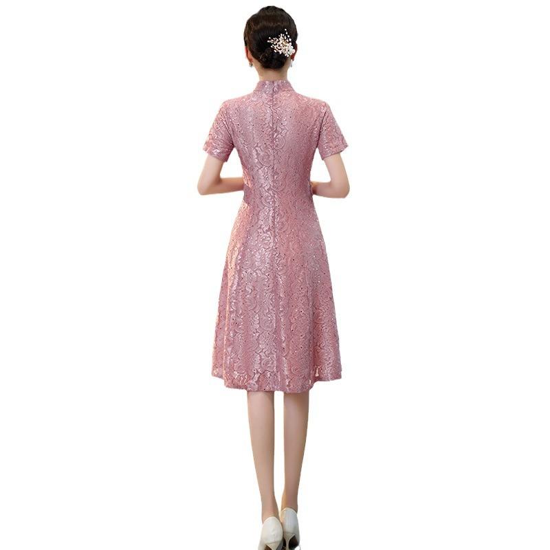 チャイナドレス レディース 結婚式 パーティー レース レッド フォーマルドレス お呼ばれ 母親 礼服 ミドル丈 ポリエステル ピンク系