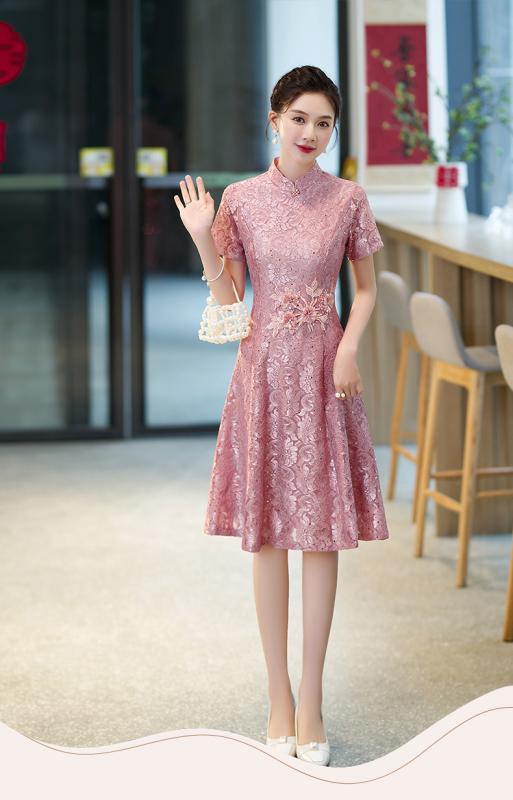 チャイナドレス レディース 結婚式 パーティー レース レッド フォーマルドレス お呼ばれ 母親 礼服 ミドル丈 ポリエステル ピンク系