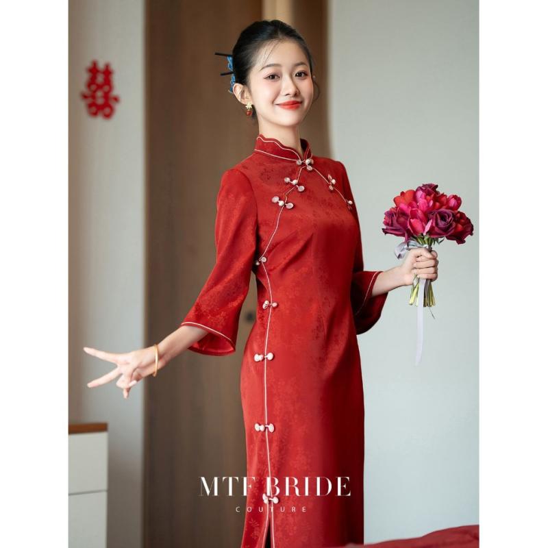 チャイナドレス レディース レッド 赤色 結婚式 婚礼 披露宴 お呼ばれ パーティー ロング ポリエステル ラウンドネック 5分袖 スリム