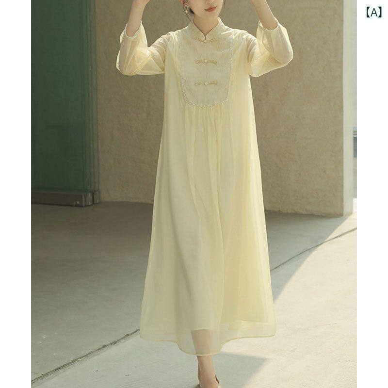 ワンピース レディース 法式 チャイナドレス風 ポリエステル 高品質 マカロンカラー 高襟 長袖 飛飛袖 ロングワンピース ストリートファッション
