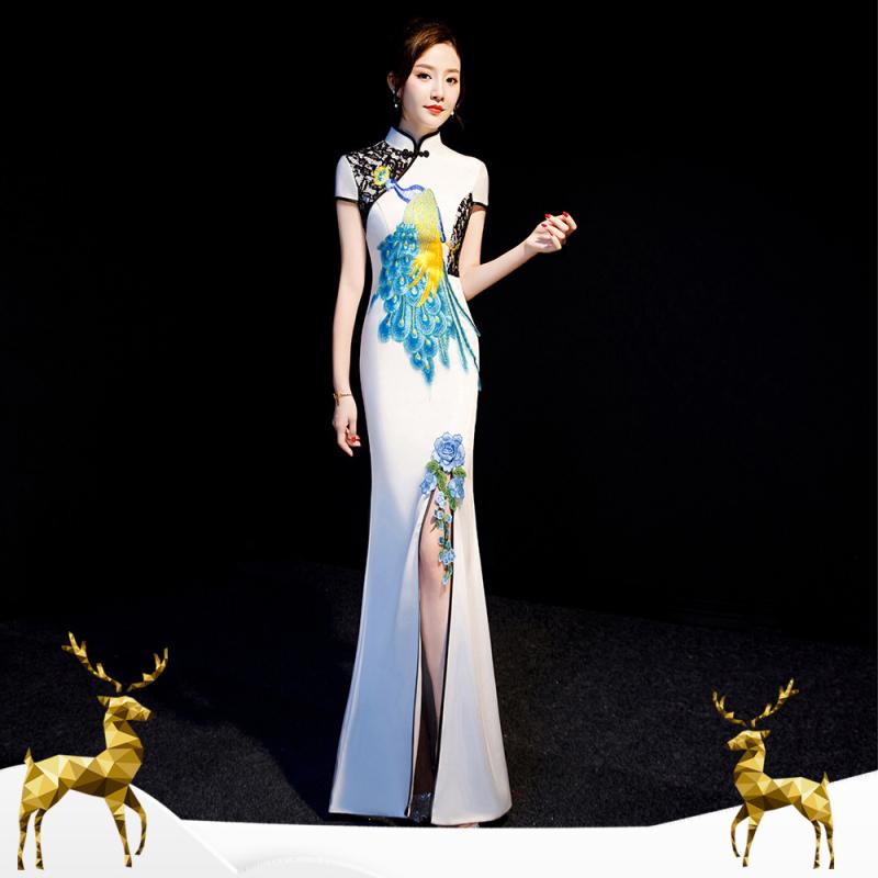チャイナドレス レディース 魚尾 ロングドレス ポリエステル 合唱 団体 舞台 衣装 パーティー 結婚式 二次会 お呼ばれ スリット入りワンピース 白 赤 青 7号 9号 11号 13号 15号