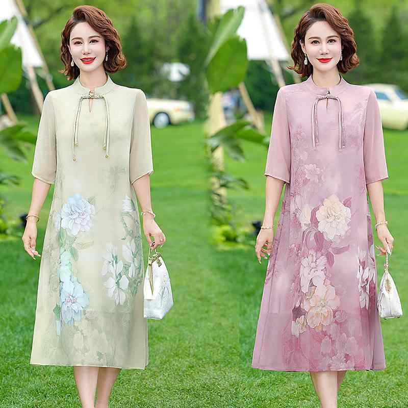 チャイナドレス レディース ミセス Aライン ワンピース ポリエステル ピンク系 ブルー アップルグリー..