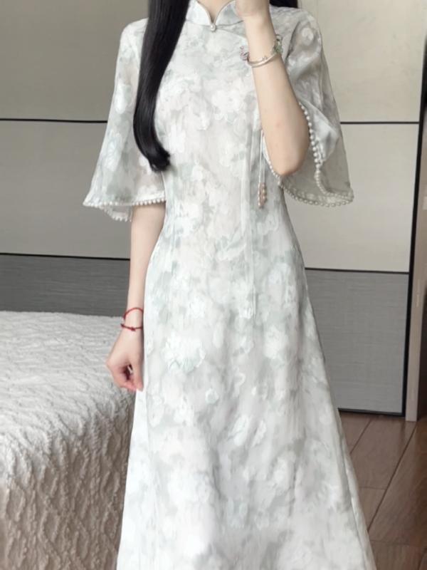 チャイナドレス レディース 春夏 半袖 ワンピース レトロ 膝上丈 ショート エレガント 薄手 チュール 浅緑 桜色 ピンク 雅致緑 グリーン 淡ピンク 竹葉 杏粉花 青緑花 杏色 米杏色 シャンパン色 墨緑 西瓜粉 花柄 ブルー