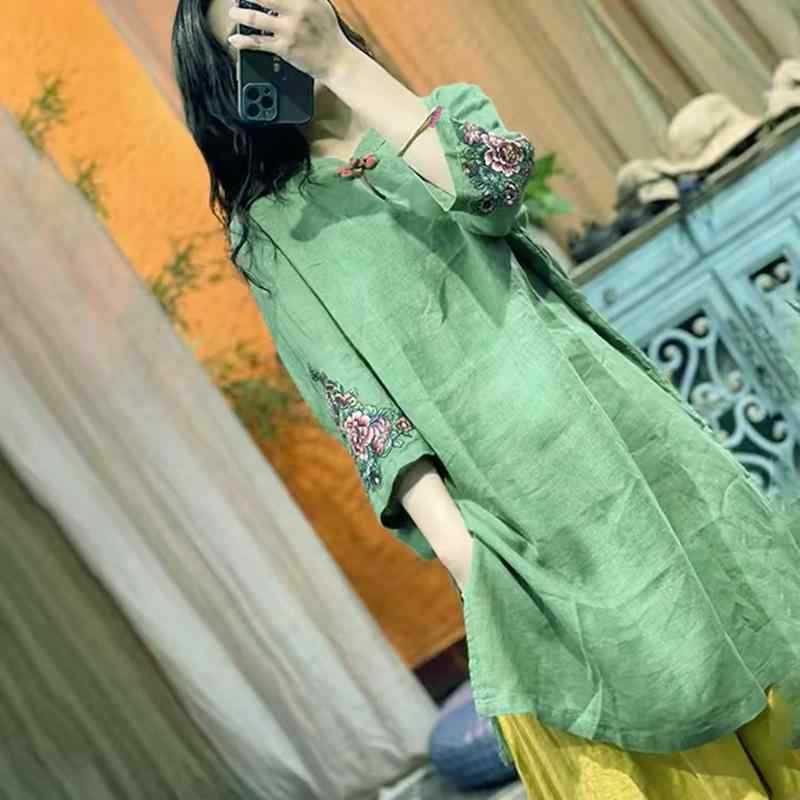 チャイナドレス レディース ワンピース 春夏 A字スカート 刺繡 綿麻 7分袖 膝下丈 ミモレ丈 ゆったりサ..
