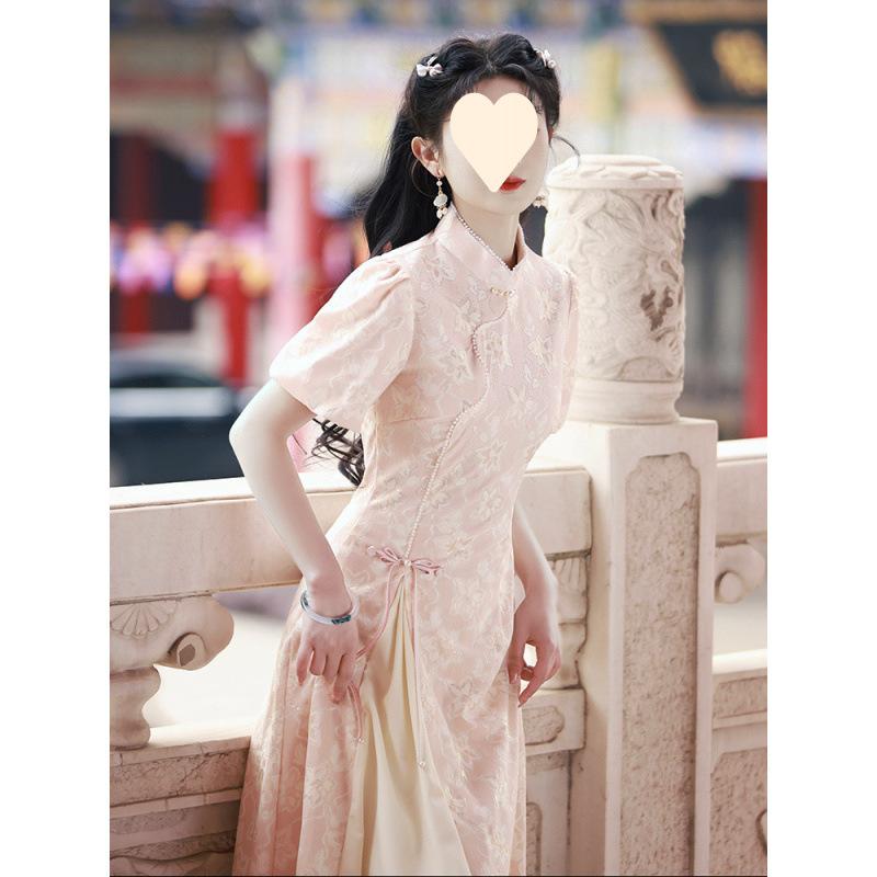 チャイナドレス レディース ワンピース 春夏 ポリエステル エレガント ロング丈 ピンク系 グリーン 提花 高开衩