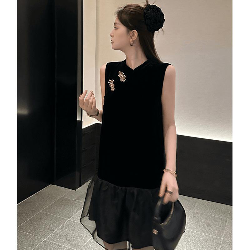 チャイナドレス レディース 新国潮風 ベルベット 切り替え チュール 半袖 ロング 高齢 マカロンカラー 黒 ブラック 春夏