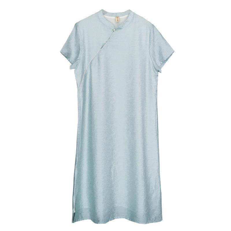 ワンピース レディース 文芸復古 チャイナドレス テントライン 半袖 膝下丈 提花 水色 接触冷感 再生繊維