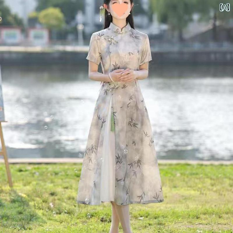 チャイナドレス レディース ワンピース 春夏 半袖 立襟 プリント アシンメトリー ポリエステル 竹灰 不規則 中長スカート