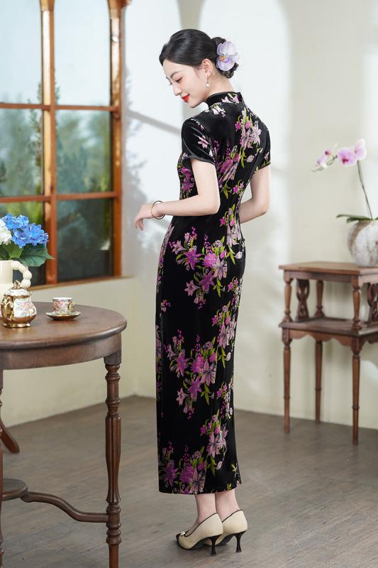 チャイナドレス レディース シルエット ミモレ丈ワンピース ベルベット ポリエステル 中国風 レトロ モード 三分袖