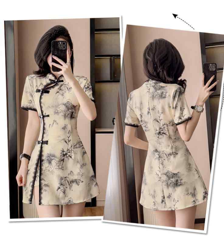 チャイナドレス レディース ワンピース セットアップ 春夏 新中式 レトロ 高級感 スリム 花柄 ポリエステル 立襟 ダブルボタン 膝丈ワンピース 中国風