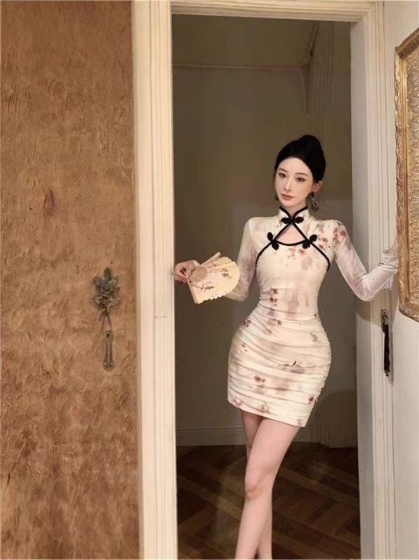 ワンピース レディース チャイナドレス風 プリント柄 膝上丈 長袖 Aライン ギャザー 20代 30代 40代 エレガント フェミニン