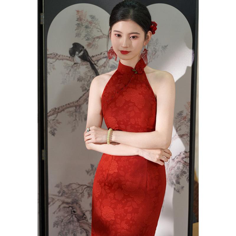Other - チャイナドレス レディース 新中式 ノースリーブ ロング エンゲージ 結婚式 敬酒ドレス 赤 レッド S M L XL 2XL