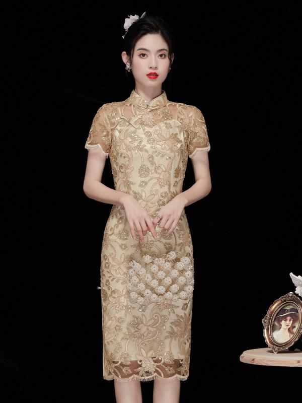・素材: ポリエステル・旗袍の長さ: ロング・襟の形: スタンドカラー・襟のタイプ: ラウンドカラー・袖丈: 五分袖・スリット: ロースリット・流行の要素: 刺繍・色: シャンパンゴールド・サイズ: S、M、L、XL、XXL・旗袍のスタイル...