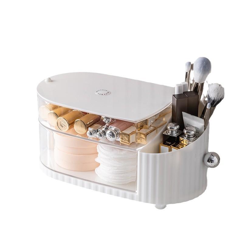 コスメ収納ボックス メイクボックス 旋回式 防塵 防湿 卓上 整理棚 白 クリーム色